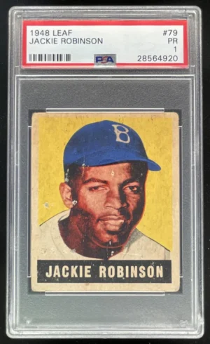 a16f6c5b-5181-46cf-a0d9-a2805baed683_d7bcc0a6-21a4-4052-8fe6-9cca6780f94a 1948 Leaf #79 Jackie Robinson RC PSA 1